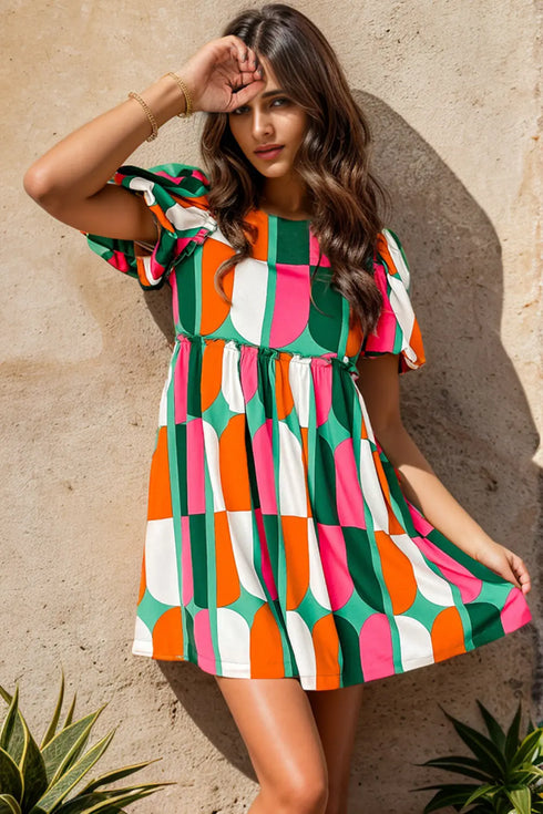 'Giselle' Colour Block Round Neck Short Sleeve Dress - Celes Fashion